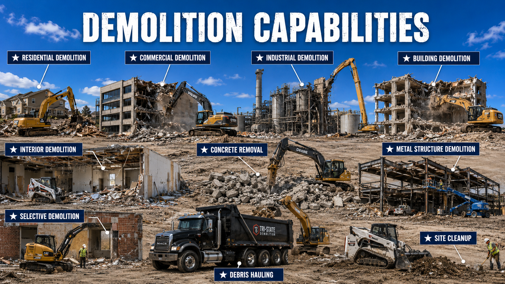 Demolition site with equipment positioned for structural removal and cleanup.