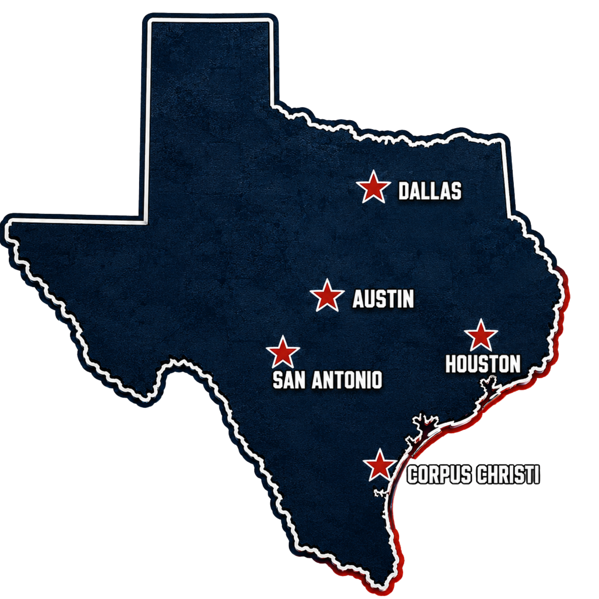 Texas Demolition service area map showing Houston, Dallas, Austin, San Antonio, Corpus Christi, and surrounding areas